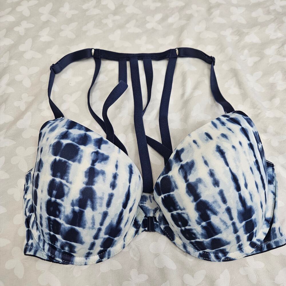 PINK Victoria’s Secret Wear Everywhere Push-Up Bra 34D Blue Tie Dye Strappy Back